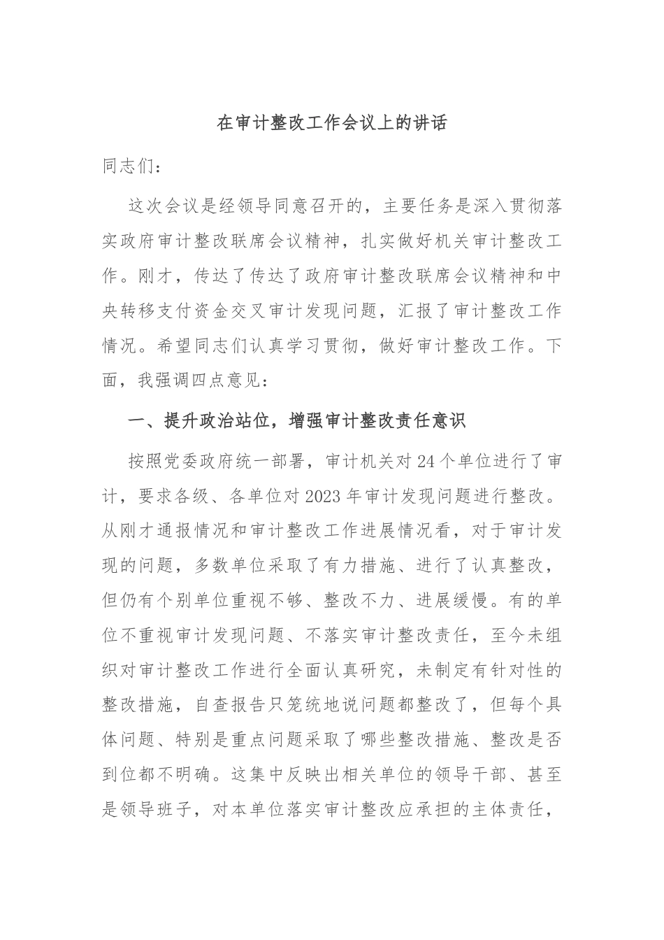 在审计整改工作会议上的讲话.docx_第1页