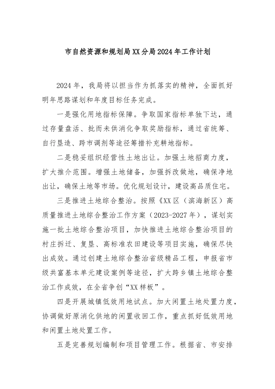市自然资源和规划局XX分局2024年工作计划.docx_第1页