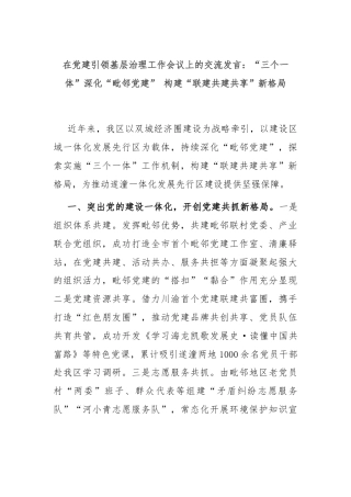 在党建引领基层治理工作会议上的交流发言：“三个一体”深化“毗邻党建” 构建“联建共建共享”新格局.docx