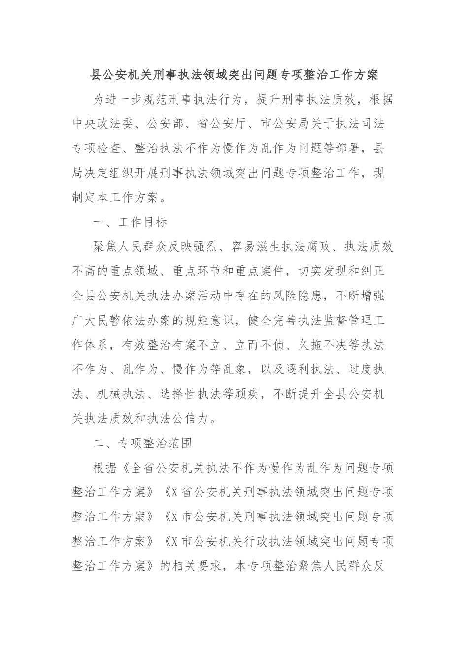 县公安机关刑事执法领域突出问题专项整治工作方案.docx_第1页