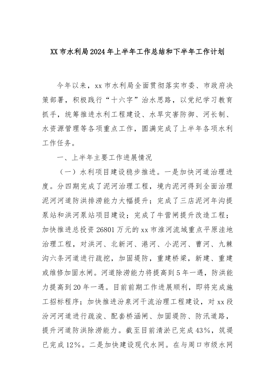 XX市水利局2024年上半年工作总结和下半年工作计划.docx_第1页