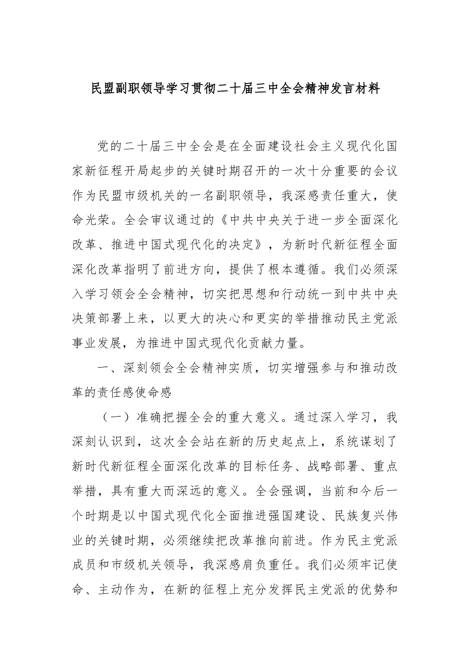 民盟副职领导学习贯彻二十届三中全会精神发言材料.docx_第1页