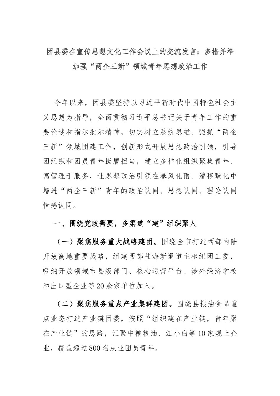 团县委在宣传思想文化工作会议上的交流发言：多措并举加强“两企三新”领域青年思想政治工作.docx_第1页