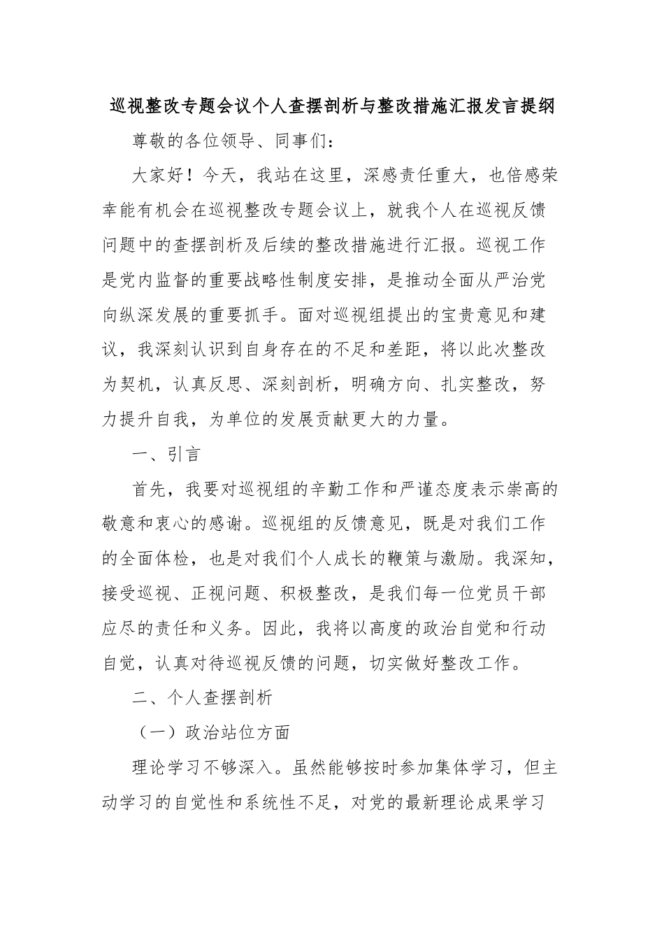 巡视整改专题会议个人查摆剖析与整改措施汇报发言提纲.docx_第1页