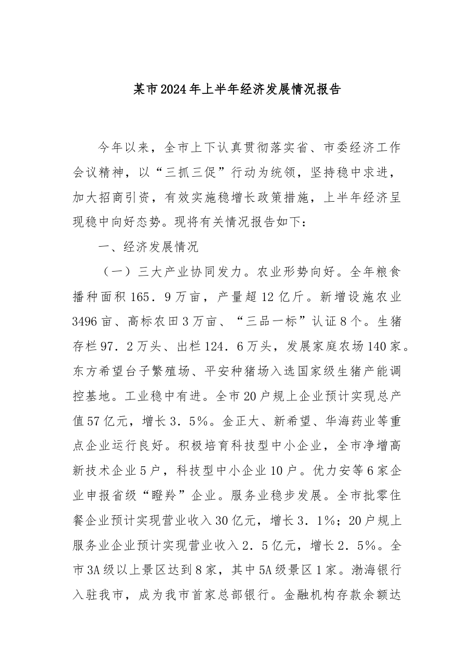 某市2024年上半年经济发展情况报告.docx_第1页