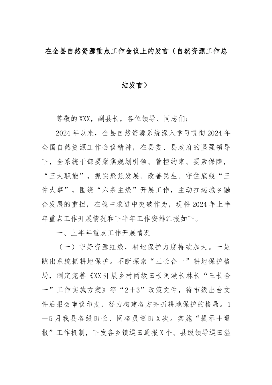 在全县自然资源重点工作会议上的发言（自然资源工作总结发言）.docx_第1页