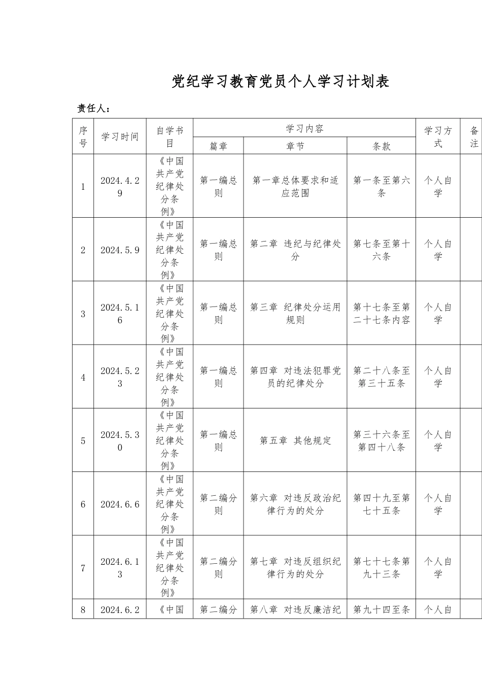 党纪学习教育党员个人学习计划表.docx_第1页
