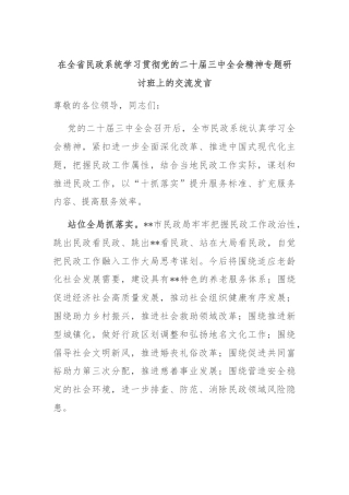 在全省民政系统学习贯彻党的二十届三中全会精神专题研讨班上的交流发言.docx